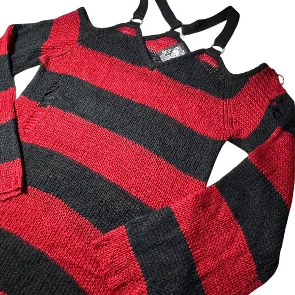 KILLSTAR Sweater Dress Sz.S  Red Black Knit Distressed Bell Sleeve Goth Punk - Picture 9 of 15